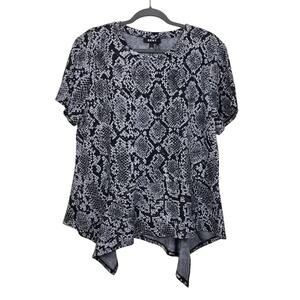 DKNY Asymmetrical Peplum Top Women XL Snake Print Grey Black Short Sleeve NEW